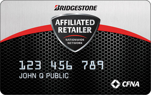 Sample Bridgestone Affiliated Retailer Credit Card displayed, representing financing options available at Scotty's Auto in Fort Myers.